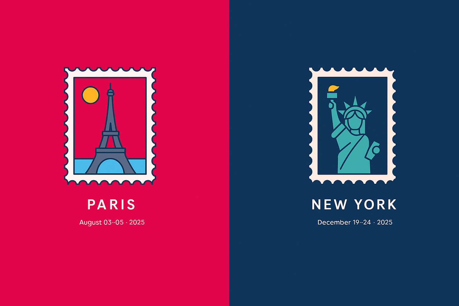 Holiday destinations - Paris and New York travel stamps